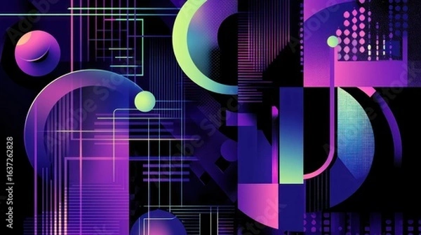 Fototapeta A sleek, digital-inspired abstract design with glowing neon grids, circular patterns, and geometric elements in shades of purple, blue, and green