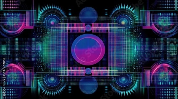 Fototapeta A sleek, digital-inspired abstract design with glowing neon grids, circular patterns, and geometric elements in shades of purple, blue, and green