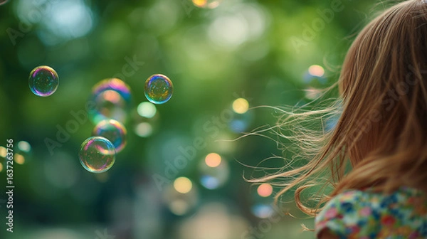Fototapeta シャボン玉と遊ぶ子どもの後ろ姿がフレームアウトしている、公園の緑, 幸せ, 楽しい時間, 柔らかい光、テキストスペース