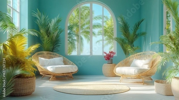 Fototapeta Chic tropical holiday design. Sun lounger and geometric product display in a modern summer theme. 3D render
