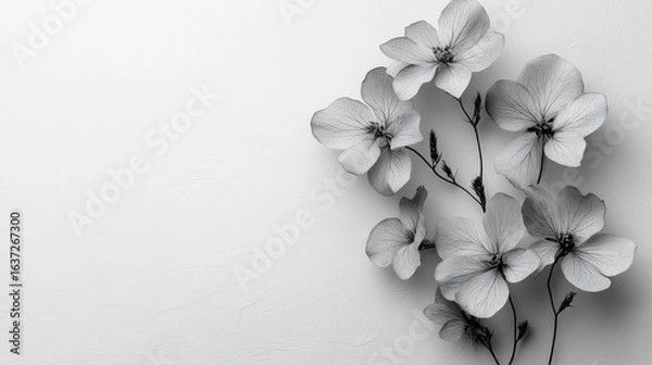 Fototapeta Monochrome aesthetic dried flowers isolated on white background with space for text