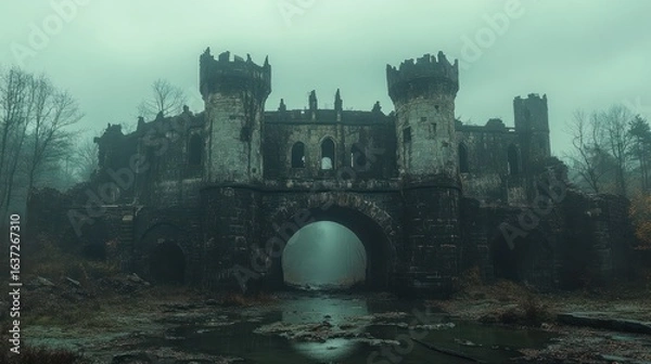 Fototapeta Massive abandoned castle with a collapsed bridge, remnants of a forgotten empire