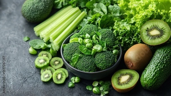 Fototapeta Vibrant green vegetable composition, top-down view of broccoli, celery, avocado, Brussels sprouts, kiwi, and lettuce on rustic white background