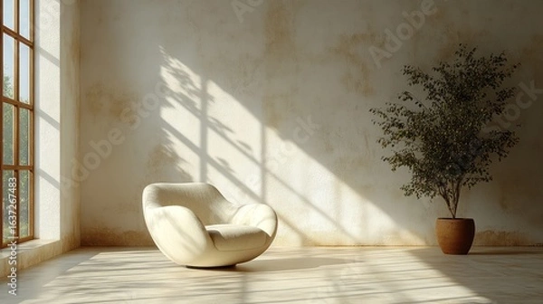 Fototapeta Artistic composition, an armchair placed in a serene neutral-toned environment with delicate shadows