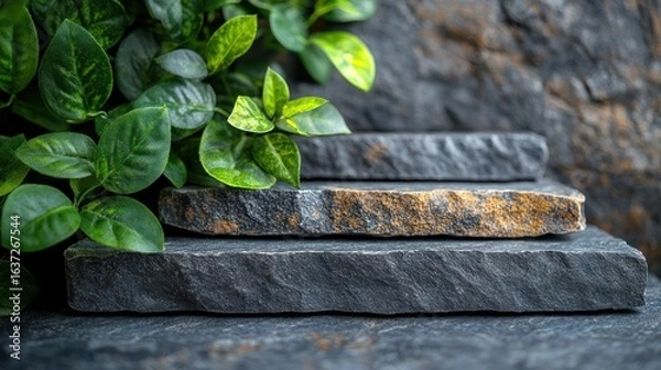 Fototapeta Geometric arrangement of granite and green leaves in a sophisticated setting