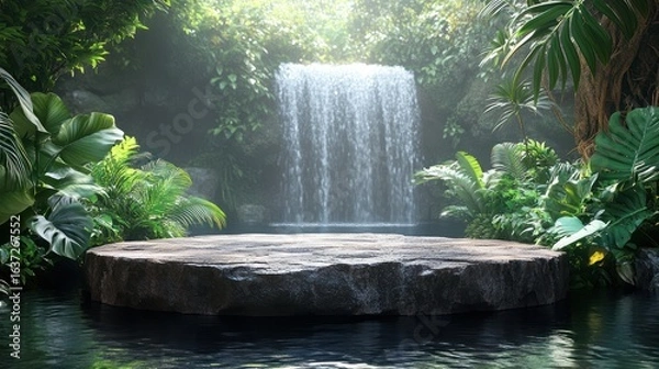 Fototapeta Exotic natural setting with a floating stone podium, rippling water, and lush tropical plants
