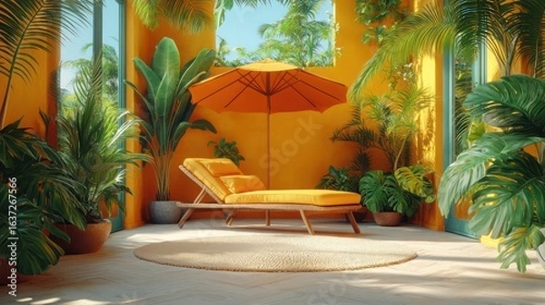 Fototapeta Elegant summer holiday composition. Beach umbrella, sun lounger, and geometric elements in a warm tropical palette. 3D render