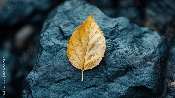 Fototapeta Balanced minimalist aesthetic of a leaf on granite with a deep gray backdrop