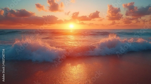 Fototapeta Beautiful sunset over a summer beach, with waves crashing against the shore and warm golden light