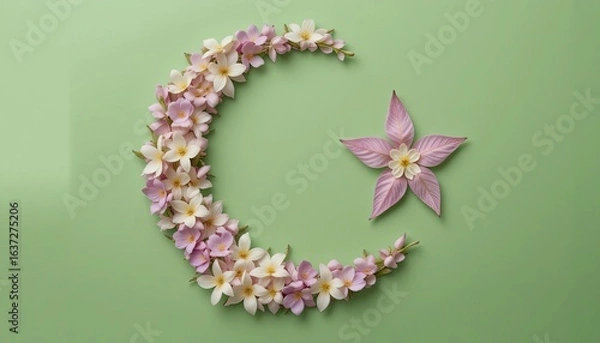 Fototapeta Floral crescent moon and star arrangement on a light green background flat lay top view close up shot