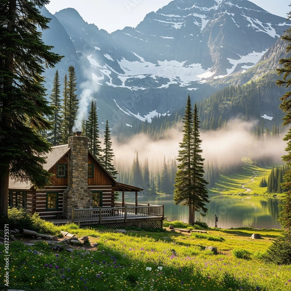 Obraz Cozy Mountain Cabin by a Lake with Snow-Capped Mountains and Pine Trees