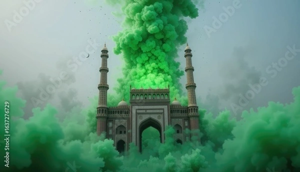 Fototapeta A building with towers surrounded by green smoke against a cloudy sky in an outdoor environment
