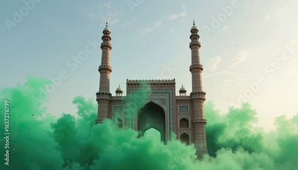 Fototapeta A grand old building with two tall towers surrounded by green smoke under a bright sky backdrop