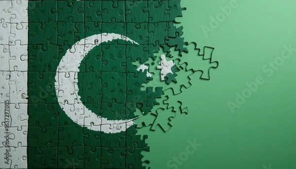 Fototapeta A pakistan flag puzzle with pieces falling apart against a green background in a studio shot