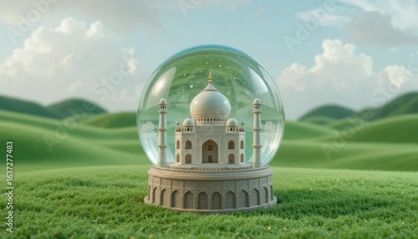 Fototapeta Taj mahal snow globe on green grass with rolling hills and cloudy sky in the background view