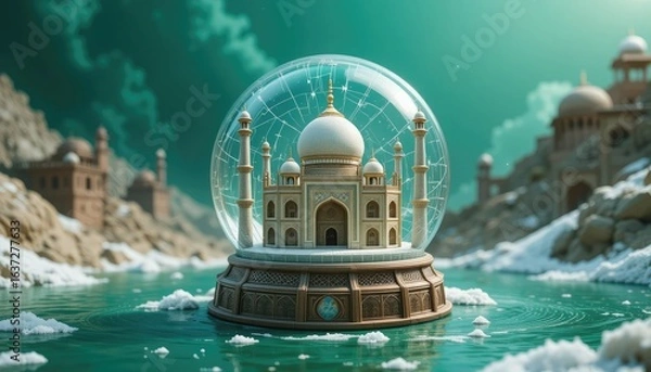 Fototapeta Taj mahal in a snow globe on water with other buildings and mountains in the background