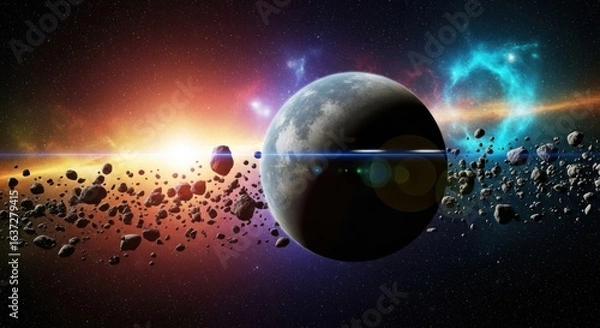 Fototapeta Planet with Asteroid Field and Colorful Nebula, Cosmic Landscape, Space Exploration