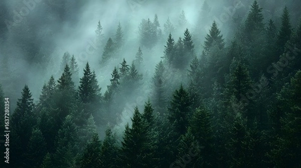Fototapeta A dense forest shrouded in a misty atmosphere.