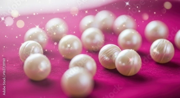 Fototapeta Elegant pearls on pink velvet fabric with bokeh and sparkles, symbol of luxury, beauty