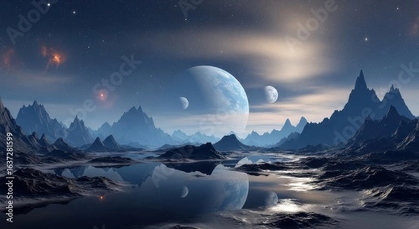 Fototapeta Exoplanet Landscape with Distant Planets, Mountains, and Water Reflections Under a Starry Sky