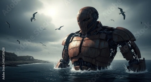 Fototapeta Rusty weathered robot emerging from the ocean, surrounded by seagulls, against a cloudy sky