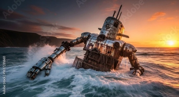 Fototapeta Rusty Robot Submarine Wreckage in Ocean Waves at Sunset, a Post-Apocalyptic Scene of Abandonment and Decay