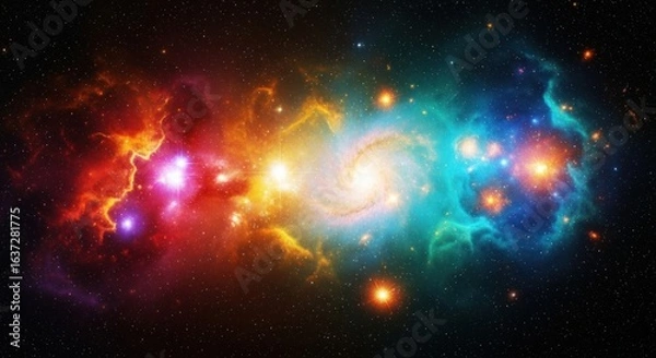 Fototapeta Colorful cosmic nebula with swirling galaxy, stars, and vibrant interstellar clouds in deep space
