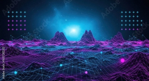 Fototapeta Futuristic landscape with mountains, glowing grid, and starry sky