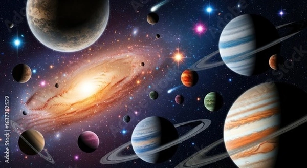 Fototapeta Colorful Planets and Galaxy in Deep Space, Stars and Comets, Science Fiction and Exploration of the Universe