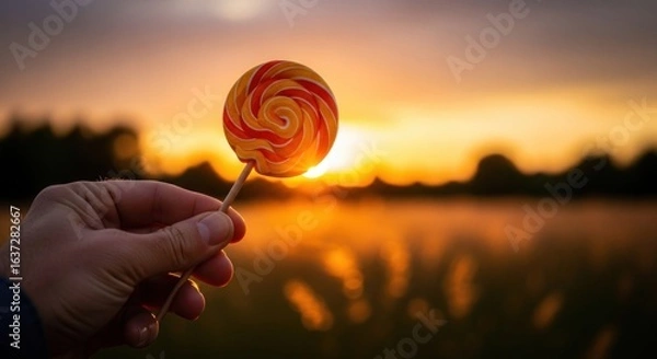 Fototapeta Lollipop held by a hand against a vibrant sunset, creating a warm and nostalgic atmosphere, perfect for themes of summer