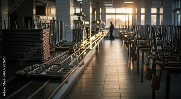 Fototapeta Empty Canteen with Stacked Chairs and Serving Trays at Sunset, Reflecting Loneliness and Abandonment in a School or Workplace