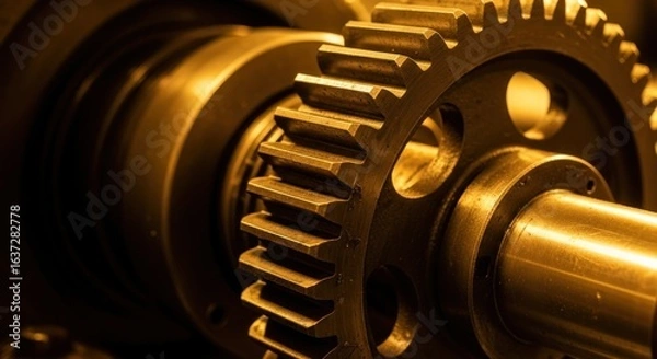 Fototapeta Golden cogwheel machinery part on a shaft, close-up shot showcasing engineering precision and mechanical components, ideal for industrial or technical themes