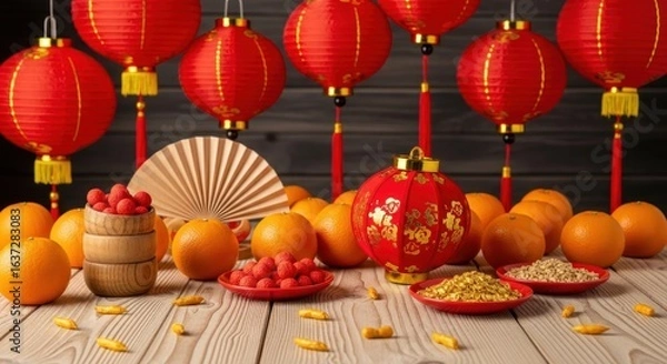 Fototapeta Festive Chinese New Year Still Life with Red Lanterns, Oranges, Raspberries