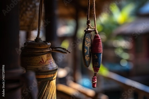 Fototapeta Ornate wooden ornaments hanging from a string.