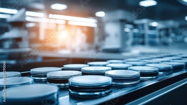 Fototapeta Round containers on a production line.