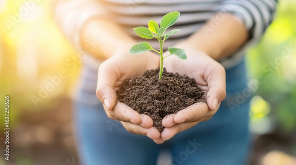 Fototapeta Close-up of a woman's hands holding soil with a young plant or seedling in a garden, a sustainable environment and ecology concept with a natural background.