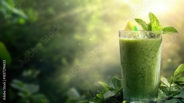 Fototapeta green smoothie with fresh mint leaves, styled for food advertising with space for text, blurred forest or nature background