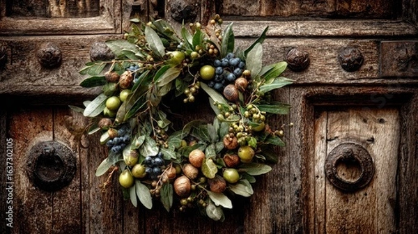 Fototapeta Rustic wreath of olives and berries hangs on weathered wooden door