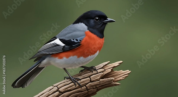 Fototapeta Vibrant wild songbird with a fiery red breast and black head perched on a weathered wooden branch against a soft green bokeh background.