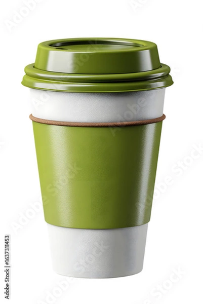 Fototapeta white paper coffee cup with olive green lid. takeaway disposable cup, biodegradable. isolated on transparent background with clipping path.