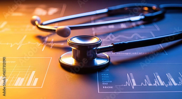 Fototapeta A stethoscope rests on a data-rich surface, featuring graphs and medical metrics, symbolizing healthcare and data analysis.