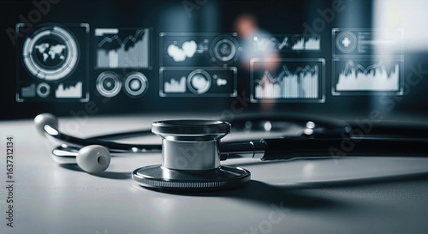 Fototapeta A stethoscope rests on a surface, surrounded by digital health data displays, illustrating the intersection of healthcare and technology in modern medicine.