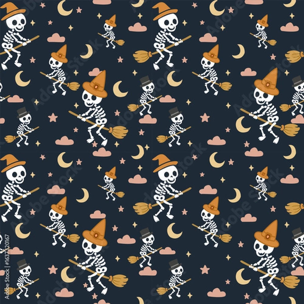 Obraz Halloween Witch Skeletons Flying on Broomsticks in the Night Sky