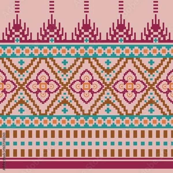 Obraz Seamless Pixel Pattern with Folk Art Motifs