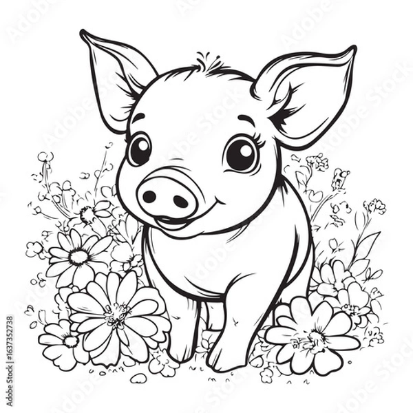 Obraz Cute Pig in Grass with Flowers Line Art vector silhouette