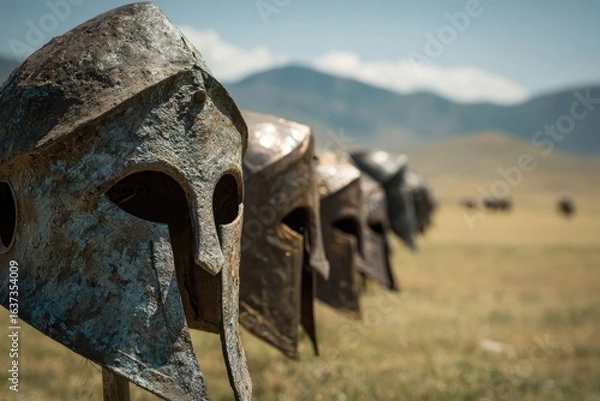 Fototapeta Ancient metal helmets, lined up in a field, facing forward, against a mountain backdrop