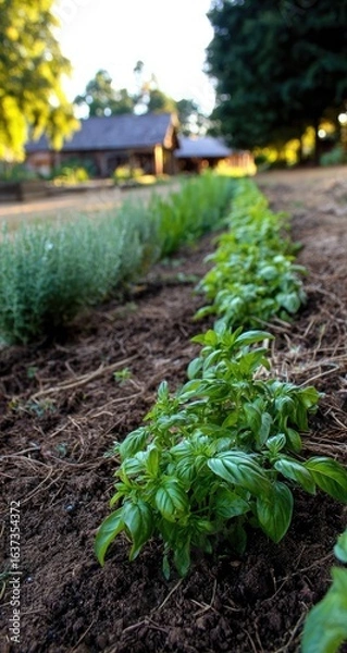 Fototapeta Rows of fresh basil seedlings in a garden bed