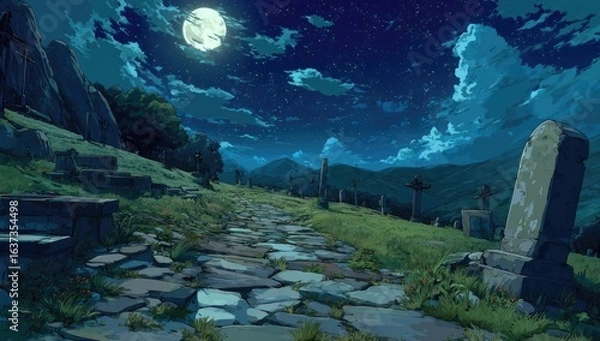 Fototapeta A stone path winds through a moonlit graveyard at night, surrounded by hills and ancient stone structures