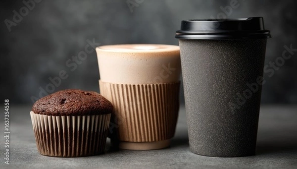 Fototapeta Latte, coffee, and muffin on a gray surface