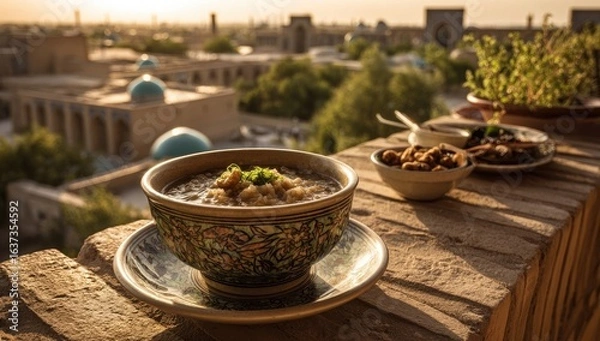 Fototapeta Bowl of soup with Middle Eastern city view